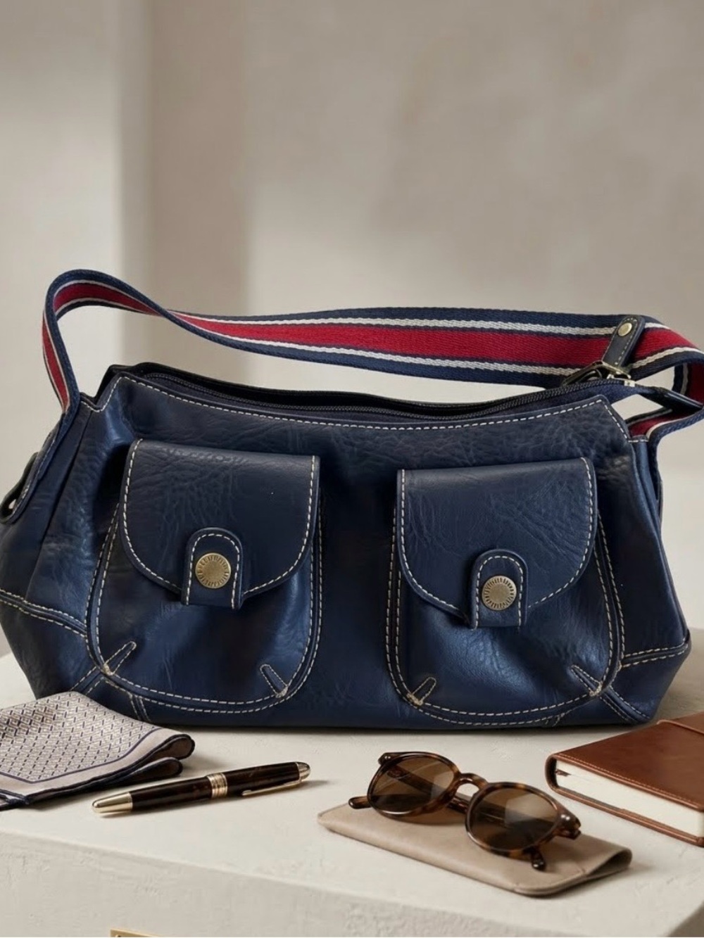 Tommy Hilfiger Dark Navy Blue Vegan Leather  Hobo Shoulder Bag